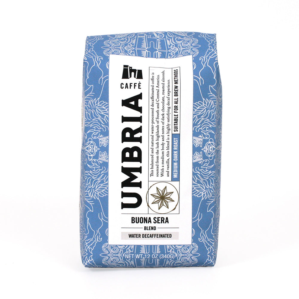 Buona Sera Coffee Blend, water process decaffeinated, 12 ounce bag