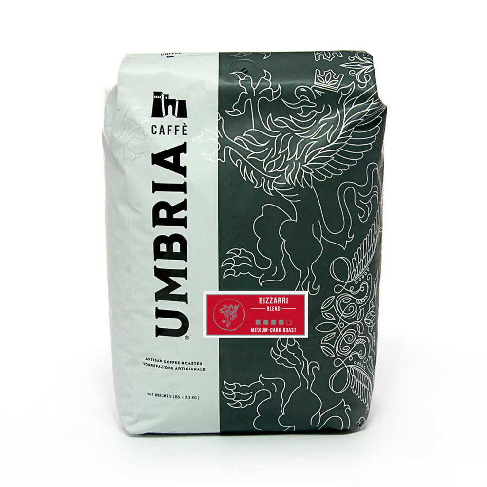 a white and grey coffee bag with silver highlights and red bizzarri blend label