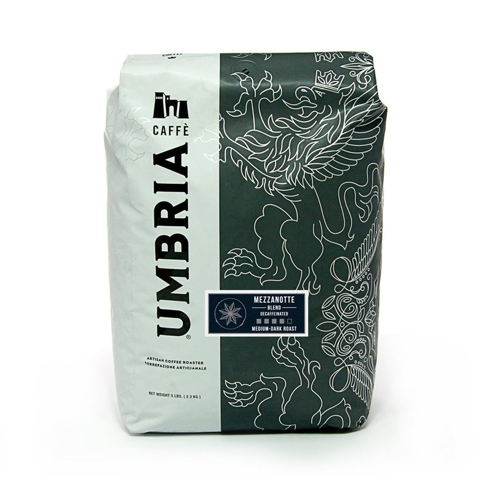 white and grey coffee bag with silver design and blue mezzanotte decaf sticker