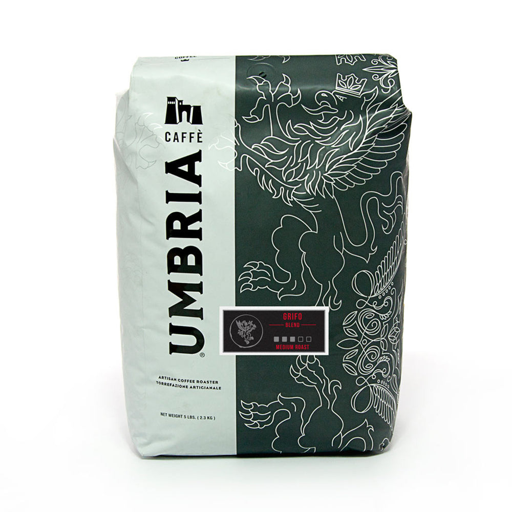 white and grey coffee bag with silver design and black and red grifo medium roast label