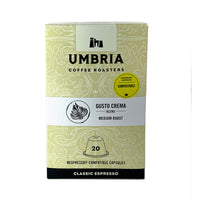 retail box of 20 gusto crema blend compostable nespresso compatible capsules