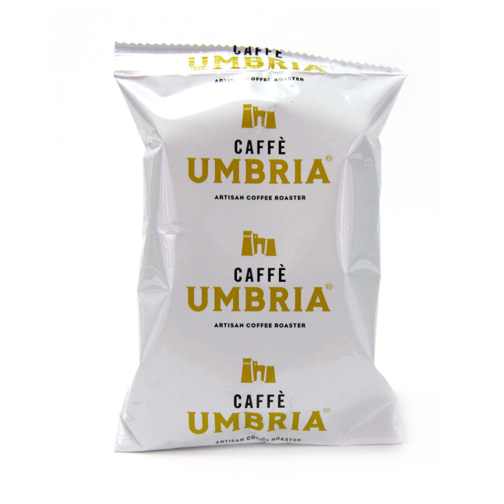 white pouch with yellow and black caffe umbria logo