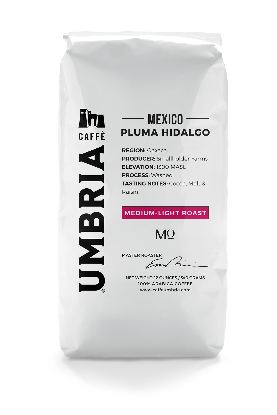 white coffee bags with black umbria logo for Mexico Oaxaca Pluma Hidalgo