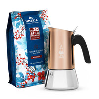 holiday blend bird-friendly coffee bag with bialetti venus copper moka pot