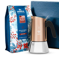 holiday blend bird-friendly coffee with bialetti venus copper moka pot packaged in a gift box