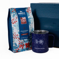 12oz bag of holiday coffee blend plus a miir camp cup with umbria logo packaged in a gift box