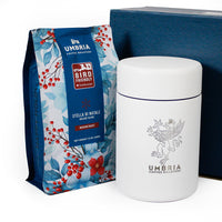 holiday coffee and canister gift set, packaged in a gift box. holiday coffee blend and white miir canister with umbria logo