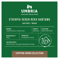 Umbria Coffee Roasters Ethiopia Gedeb Reku Habtamu coffee label on a green background. Single origin, light roast, heirloom variety.