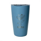 Blue tumbler with Umbria Coffee Roasters logo on a white background
