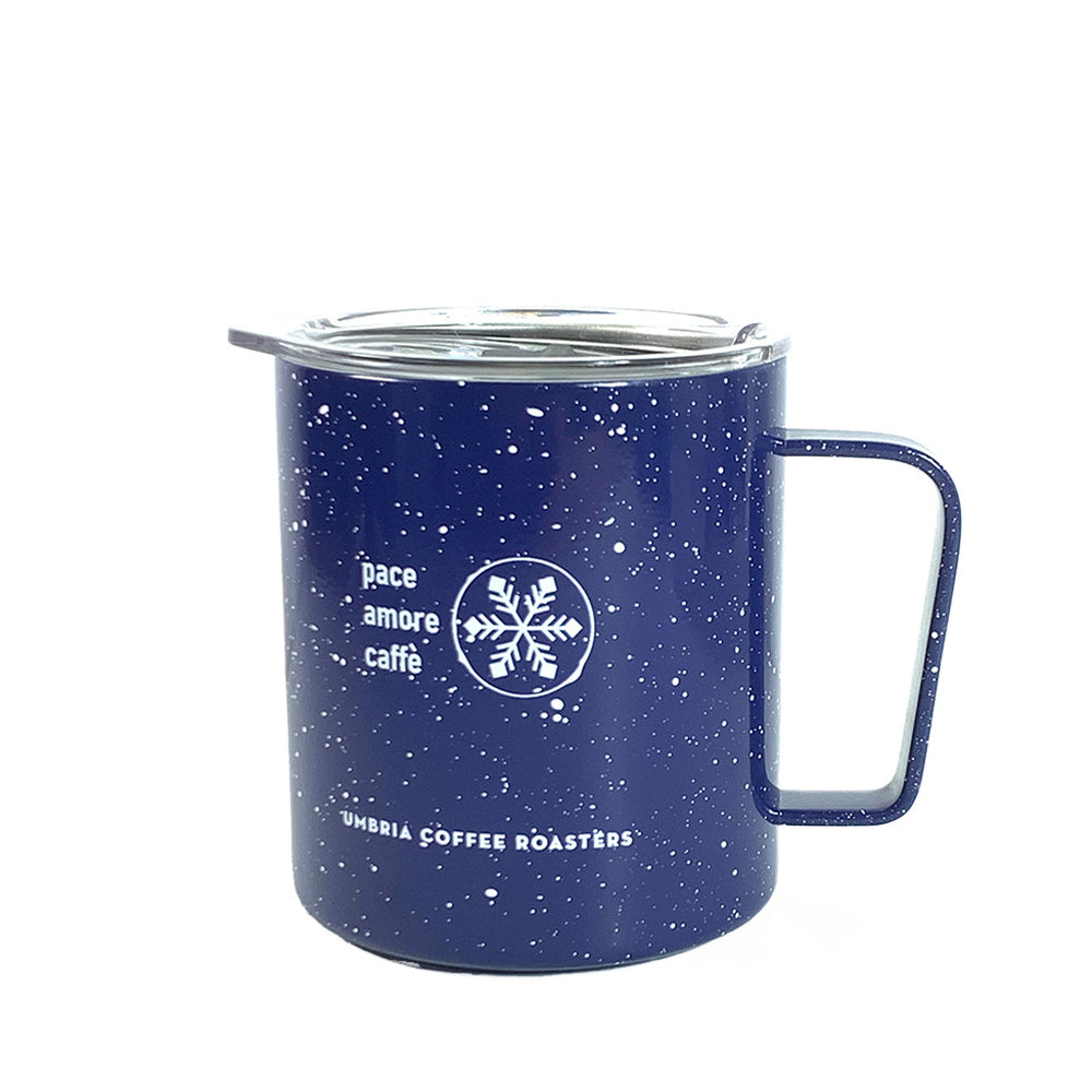 blue camp cup imprinted with pace, amore, caffè and peace, love, coffee
