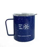 blue camp cup imprinted with pace, amore, caffè and peace, love, coffee