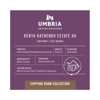 Umbria Coffee Roasters Kenya Kathendu Estate AA coffee label on a purple background