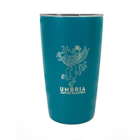 miir 12oz travel tumbler in prismatic teal with umbria coffee roasters logo