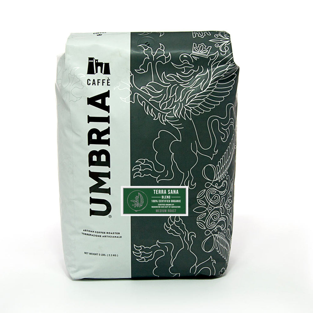 white and grey large coffee bag with green terra sana medium roast label