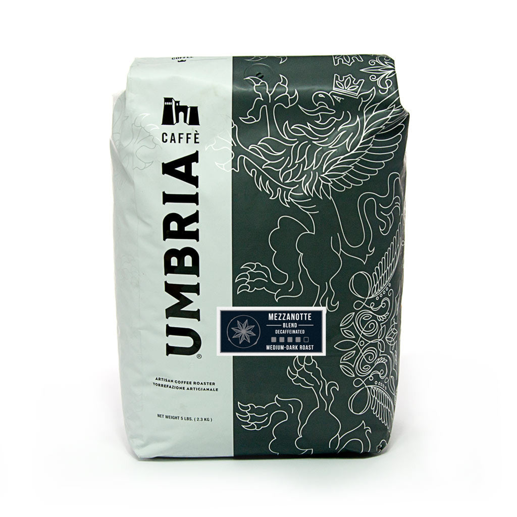 white and grey coffee bag with silver design and blue mezzanotte decaf sticker