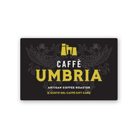 black plastic cafe gift card with yellow and white caffe umbria logo