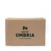cardboard shipping box with black caffe umbria logo