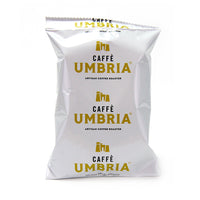 white pouch with yellow and black caffe umbria logo