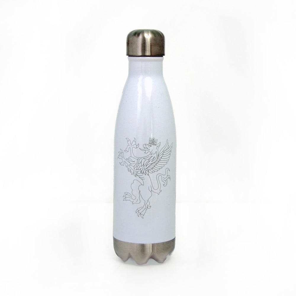 white and silver stainless steel water bottle with griffen logo