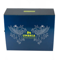 blue and yellow cardboard gift box with yellow logo & white griffens